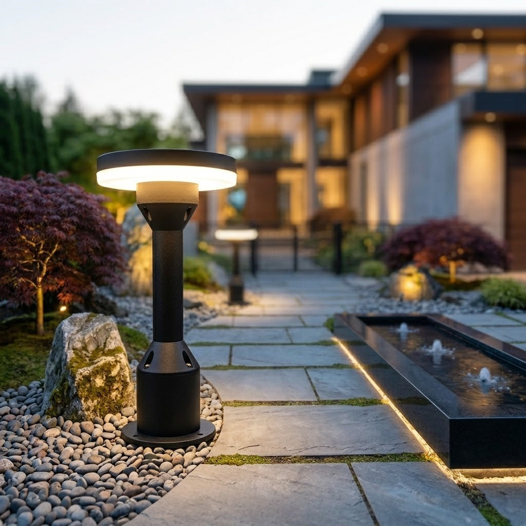 Outdoor garden lamp post with modern house and water feature in the background