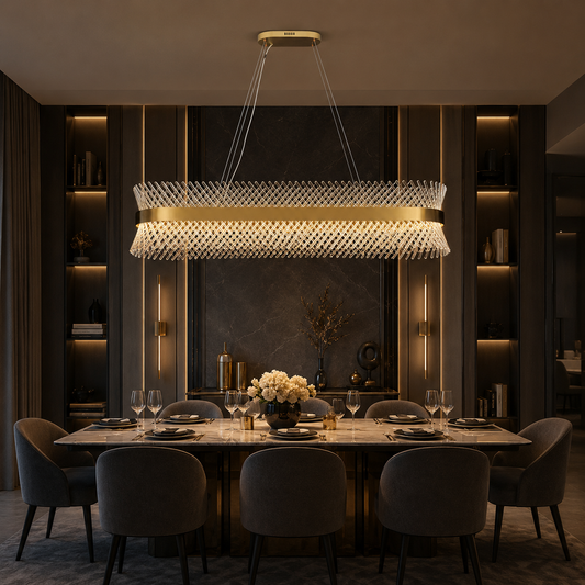 Dining room with a modern Celestial Bloom Dining Chandelier, table set for dinner, and dark wood paneling.