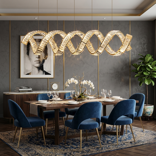 Helix Linear Crystal Dining Chandelier, wooden table, and blue chairs.