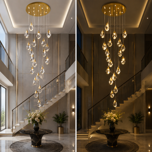 A split-screen view showing a modern multi-tiered Astraea Cascade Duplex Chandelier with clear teardrop glass drops and a gold-toned circular ceiling canopy, installed in a grand staircase lobby. The left side shows the chandelier lit in a bright, modern interior, while the right side shows it glowing warmly in a darker, upscale setting.