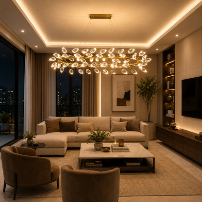 Modern living room with a Grand Monarch Crystal Dining Chandelier, sofa, and coffee table.