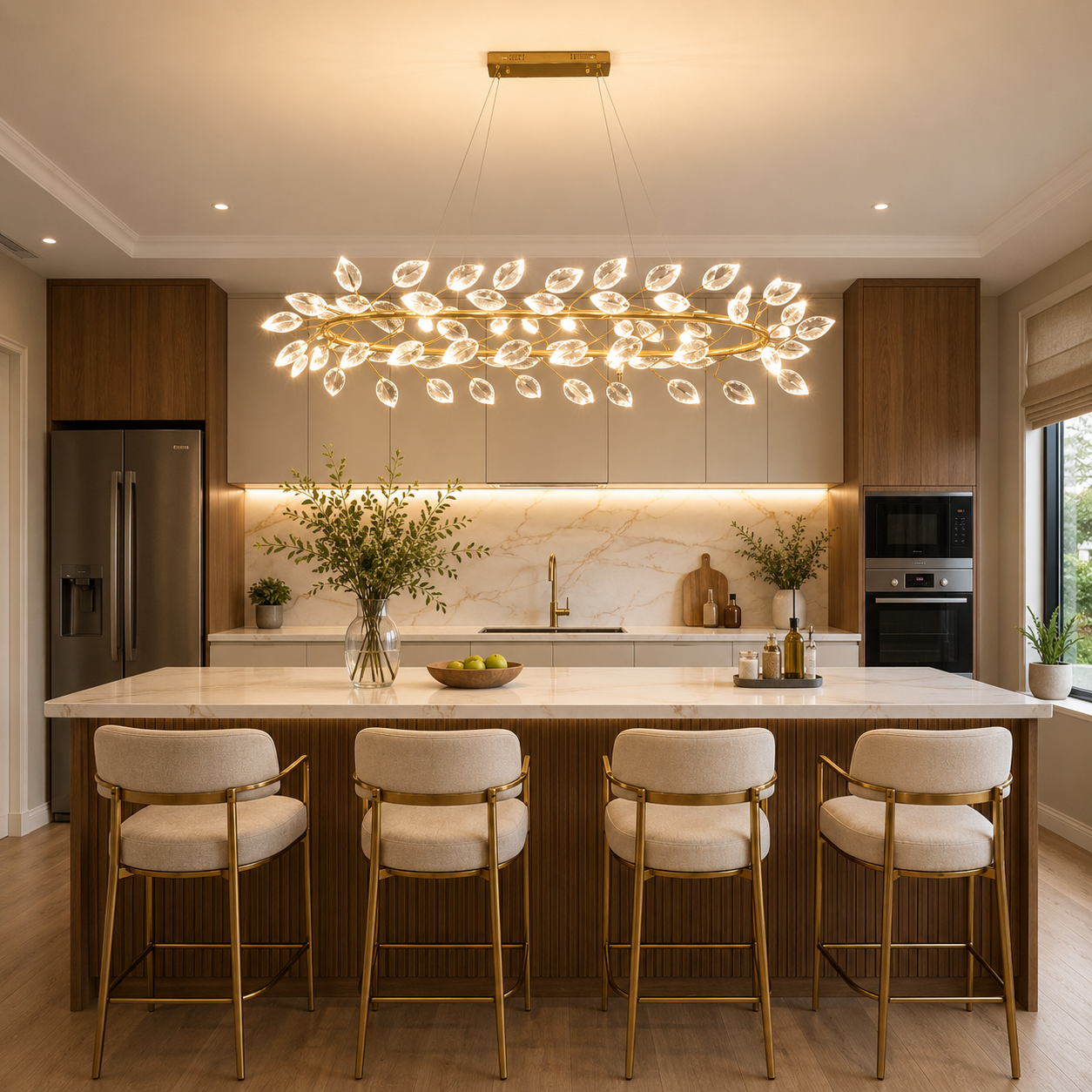 Modern kitchen with a Grand Monarch Crystal Dining Chandelier, island, and bar stools.
