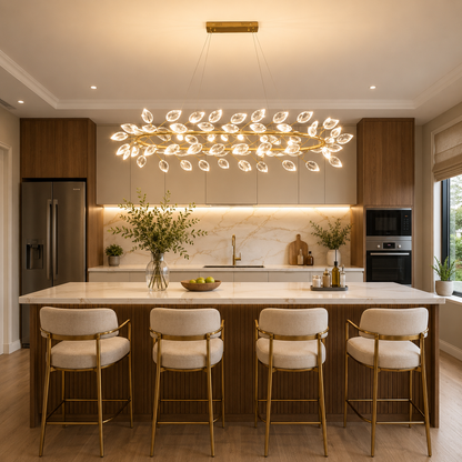 Modern kitchen with a Grand Monarch Crystal Dining Chandelier, island, and bar stools.