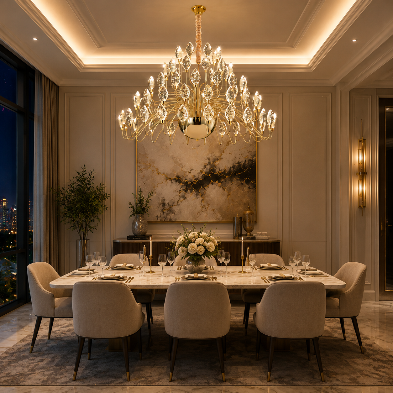 Elegant dining room with a Grand Monarch Crystal Chandelier, table setting, and artwork on the wall.