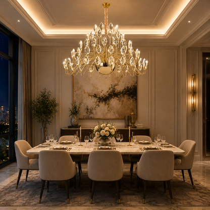 Elegant dining room with a Grand Monarch Crystal Chandelier, table setting, and artwork on the wall.