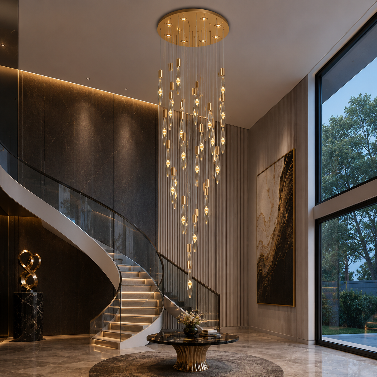 Auric Rain Duplex Chandelier Luxury Crystal Chandelier for Double Height Ceiling