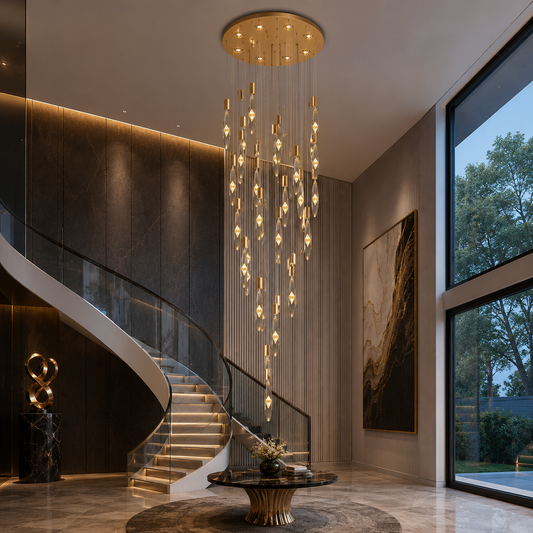 Auric Rain Duplex Chandelier Luxury Crystal Chandelier for Double Height Ceiling