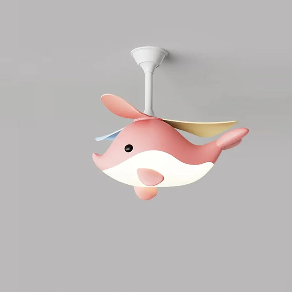 Whimsy Whale Kids Ceiling Fan with pink whale design on a gray background