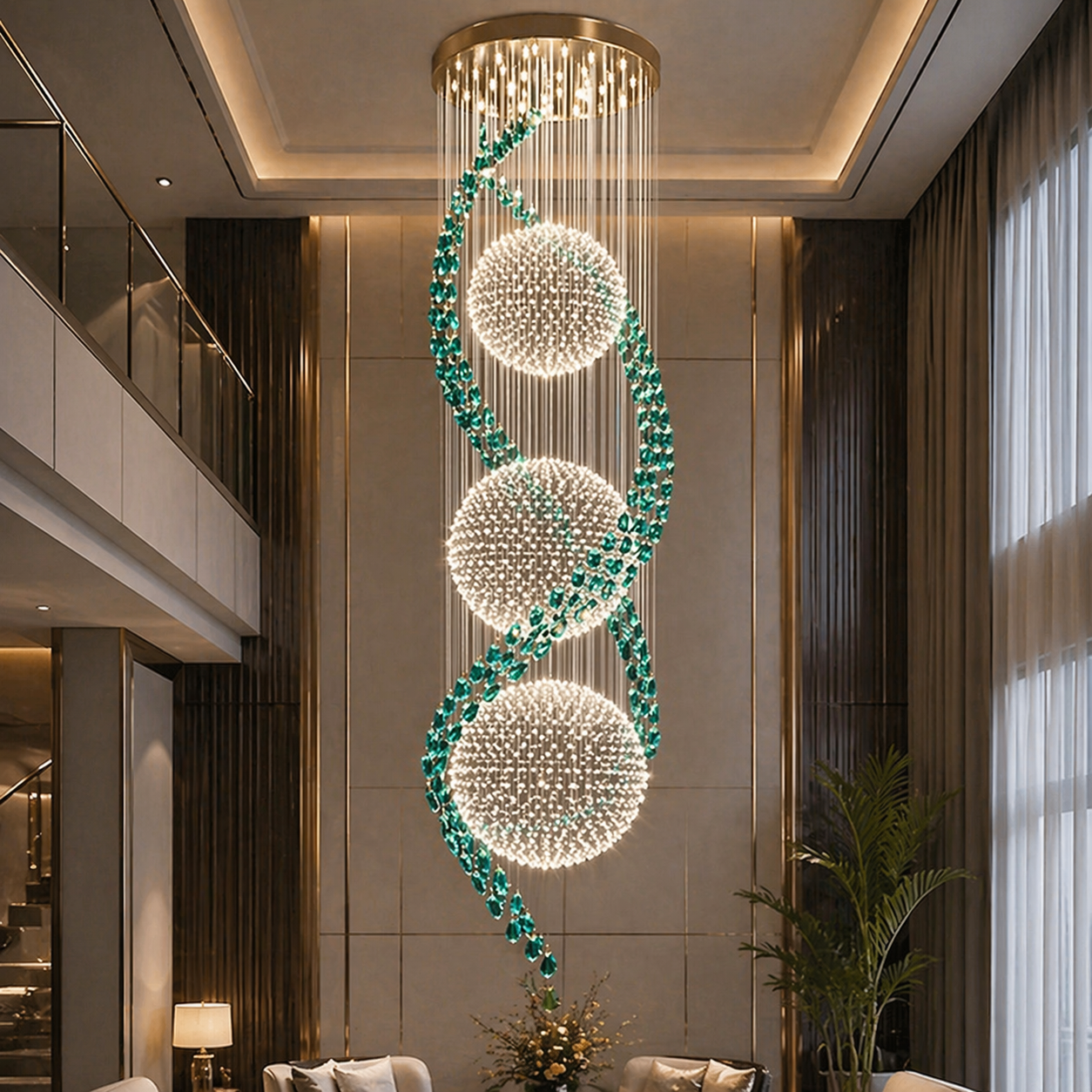 Emerald Crystal Spiral Duplex Chandelier