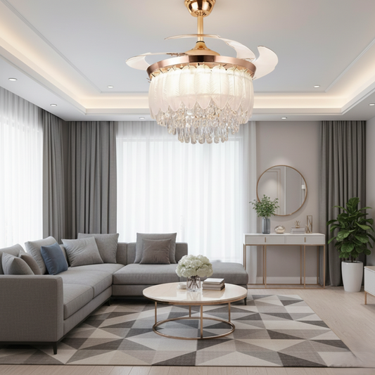 Glamorous Feather Glass Chandelier Fan