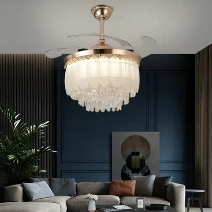 Glamorous Feather Glass Chandelier Fan