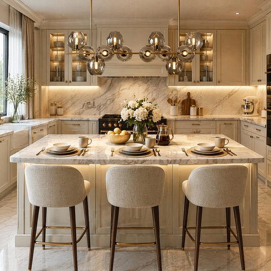 Modern kitchen with marble island, The Orbit Dining Chandelier and bar stools