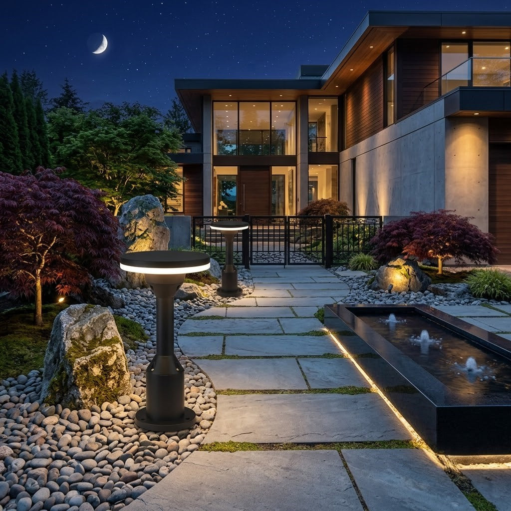 Modern house exterior Lighting with garden features at night