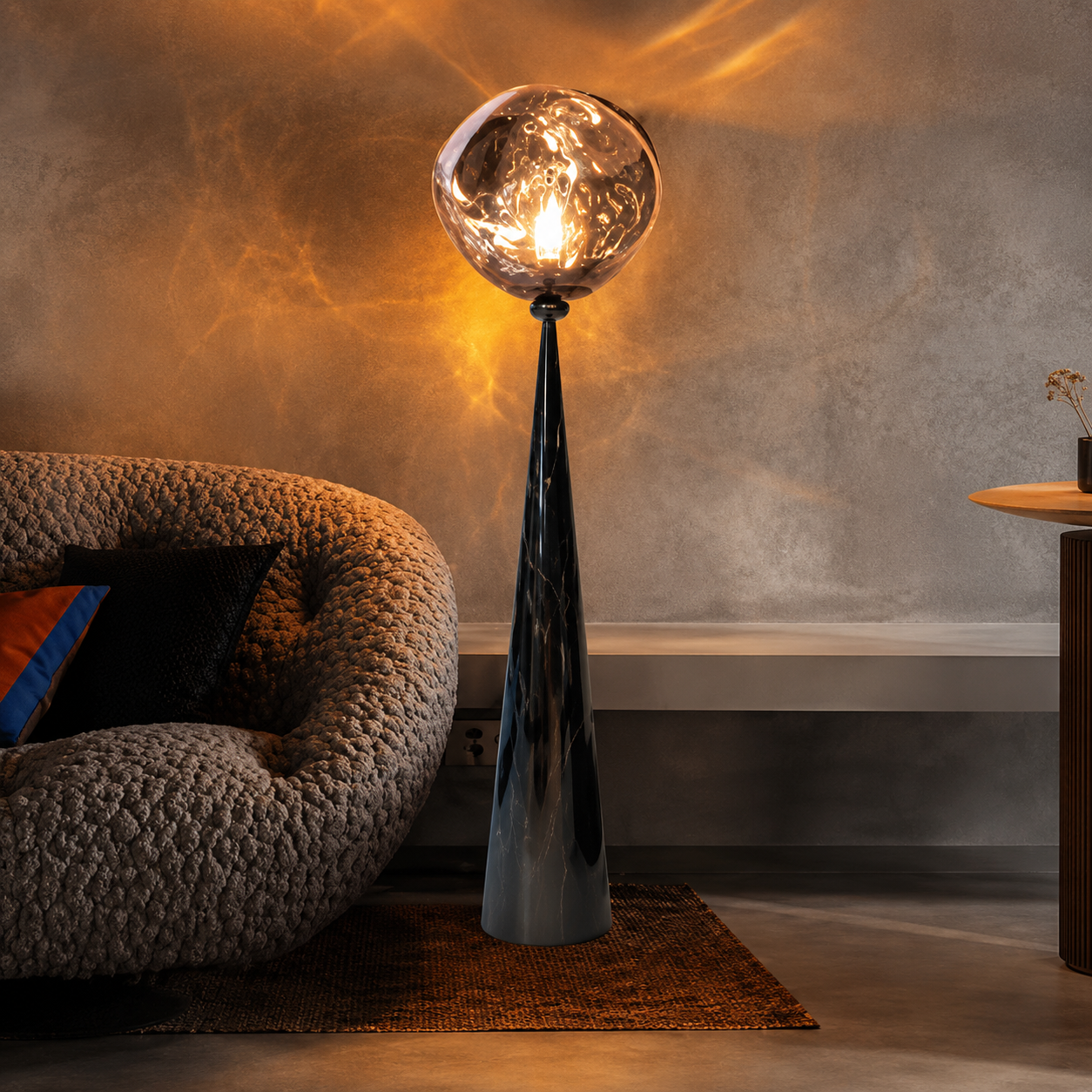 Modern designer floor lamp featuring a reflective molten glass globe and premium matte conical base