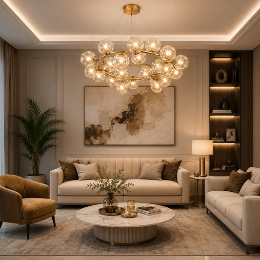 A luxury modern living room featuring a large gold-toned multi-globe chandelier hanging above a beige sofa. The room is styled with neutral beige and brown furniture, a marble coffee table, a potted palm, and warm ambient lighting.