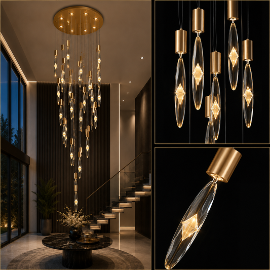 Auric Rain Duplex Chandelier Installed in Double Height Living Room