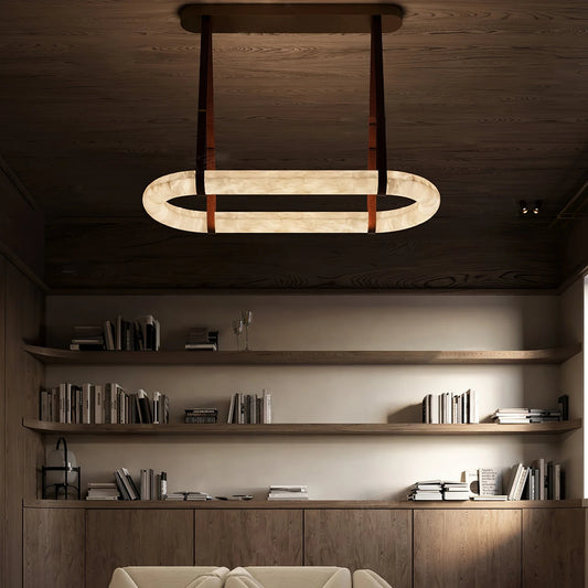 Modern pendant light hanging in a room with wooden shelves and books