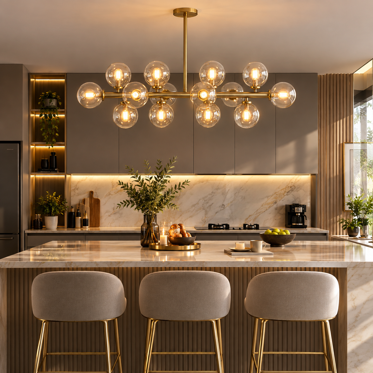A modern brass Crystal Globe Dining Chandelier with multiple clear glass globe bulbs hangs over a kitchen island in a contemporary kitchen setting with gray cabinets, marble backsplash, and three upholstered bar stools.