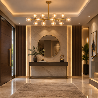 A modern entryway featuring a brass multi-light Crystal Globe Dining Chandelier, a round wall mirror, and a marble console table with decorative items, set in a luxurious interior with warm lighting.