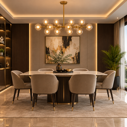 A luxury modern dining room featuring a round marble-top dining table surrounded by eight upholstered beige chairs with gold-toned legs. The room is decorated with a large brass multi-light Crystal Globe Dining Chandelier, a dark wood slatted accent wall, a large abstract painting, and a potted palm plant.