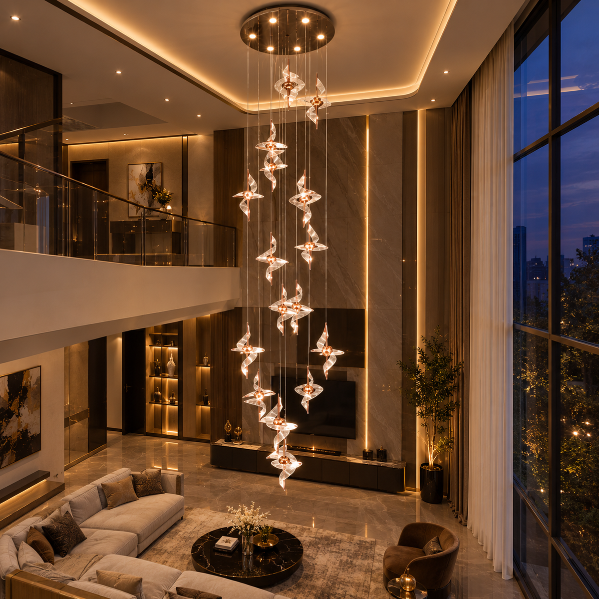 Elysian Cascade Sculptural Duplex Chandelier
