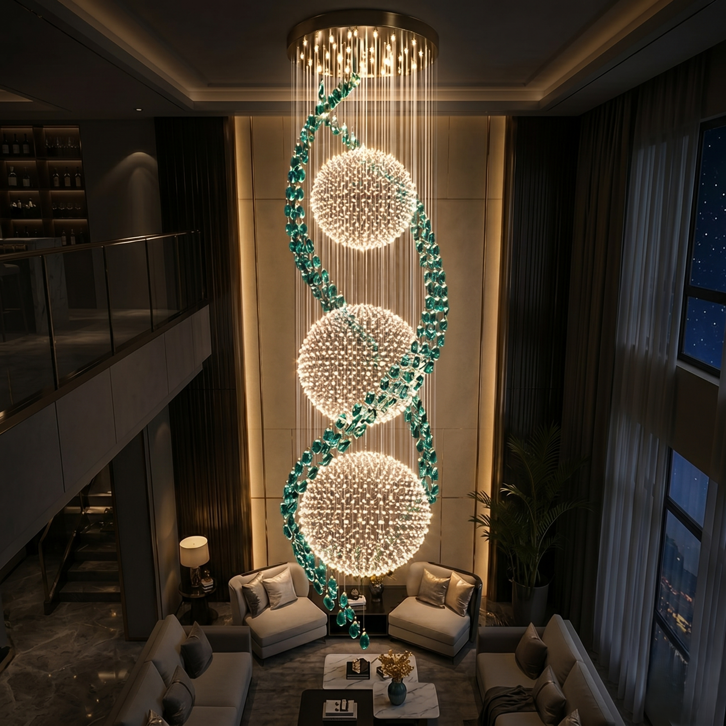 Emerald Crystal Spiral Duplex Chandelier