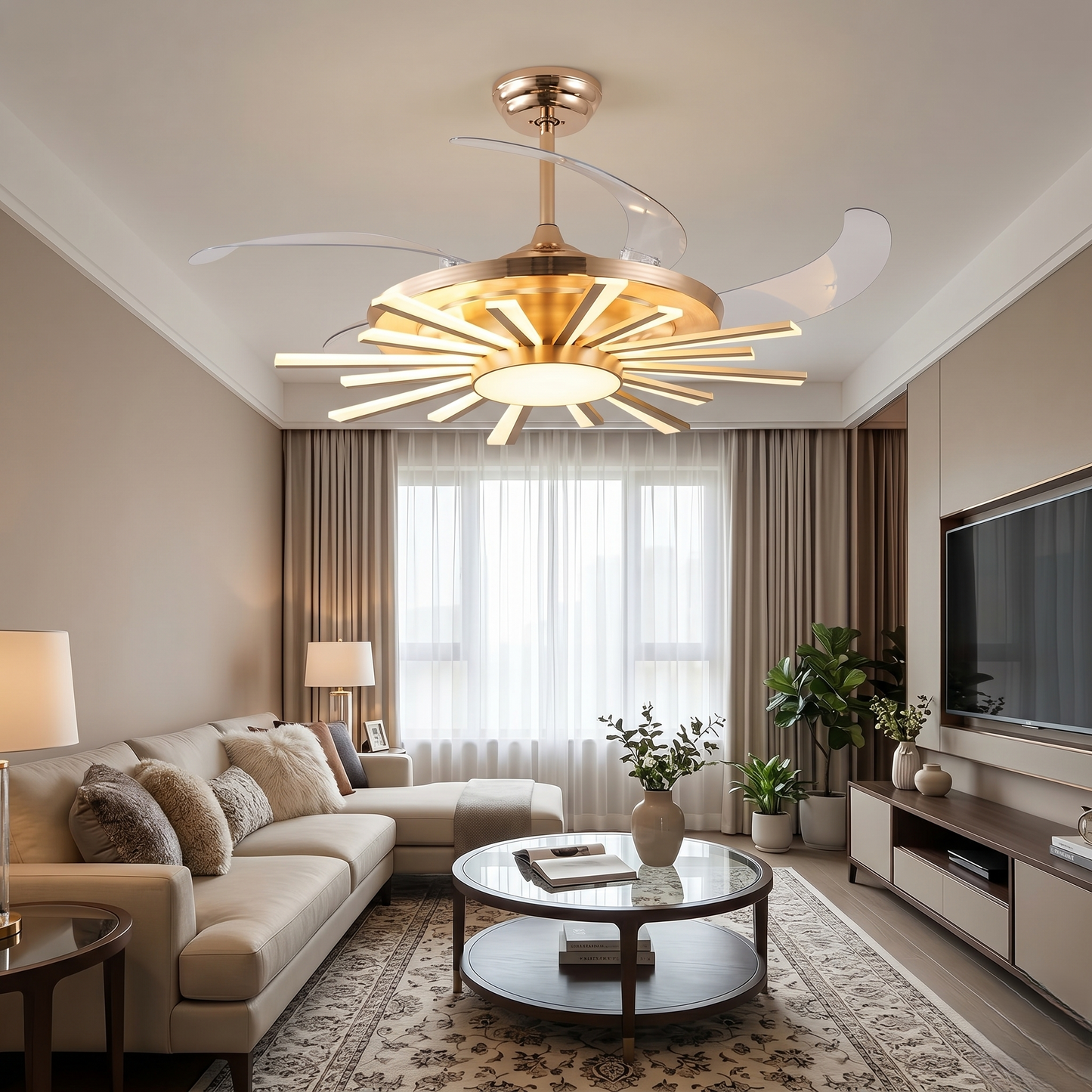 Golden Chandelier Fan with Articulating Heads