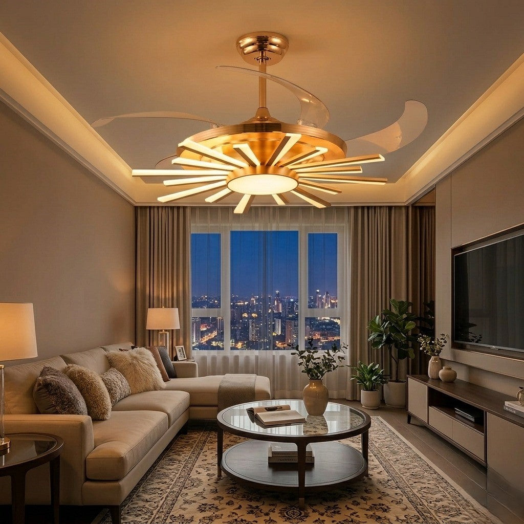 Golden Chandelier Fan with Articulating Heads