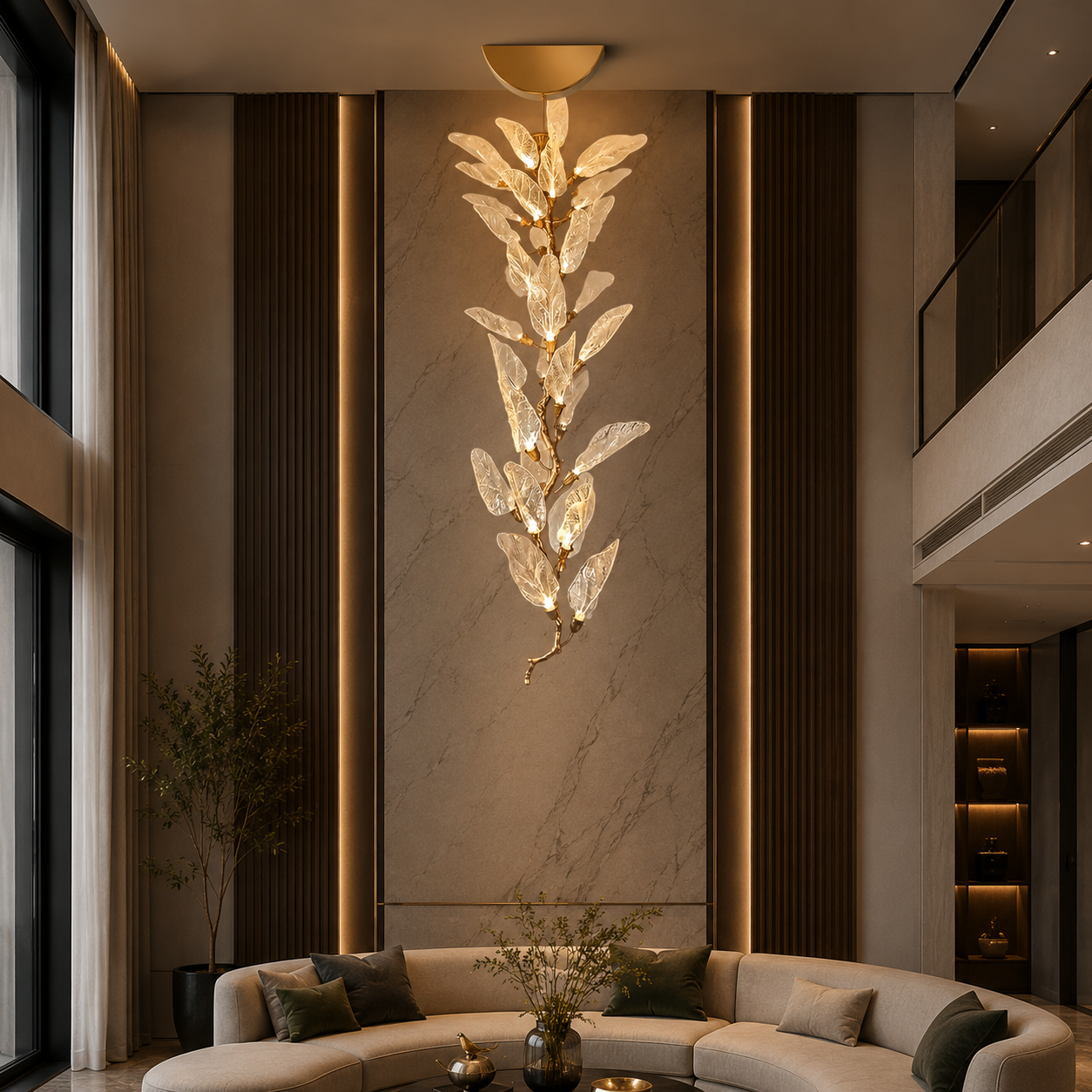 The Golden Willow Double Height Chandelier Luxury Staircase Interior