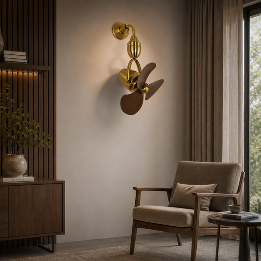 Decorative Aurelia Luxe Ceiling Fan fixture in a living room setting with a chair and window.
