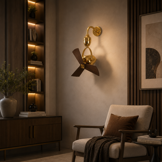 Decorative Aviator Dual-Axis Ceiling Fan in a stylish room with a chair and bookshelf.