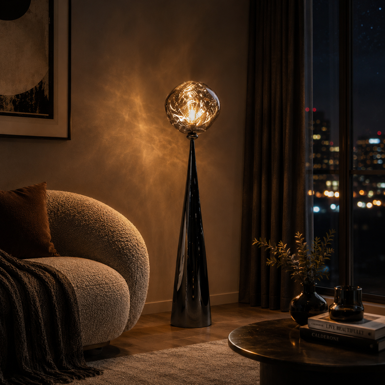 The Magma Spire Floor Lamp – sculptural luxury floor lamp with molten glass orb and conical pedestal
